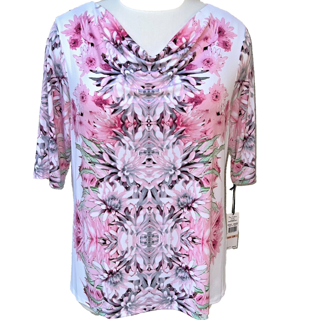Nue Options Blouse NWT Womens 2X Cowl Neck Short Sleeve Pink Spring Floral